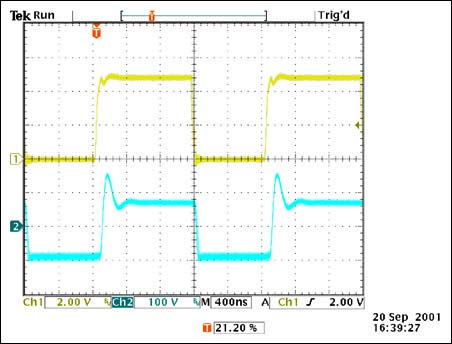 Figure 5B. Voltage at the D2 rectifier cathode with a snubber (R5=150ohm; C10=330 pF). (CH1= Voltage waveform at EXT/pin 8 of MAX1856; CH2= cathode of rectifier D2).